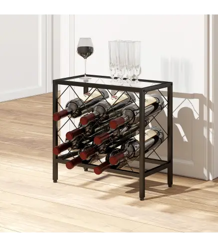 Botellero Vino para 10 Botellas con Encimera de Vidrio Templado y Marco de Acero para Salón Comedor 41x22x41 cm Negro