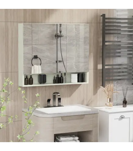 Armario de Baño con Espejo 3 Puertas Estante Ajustable y Compartimento 90x15x75 cm Blanco