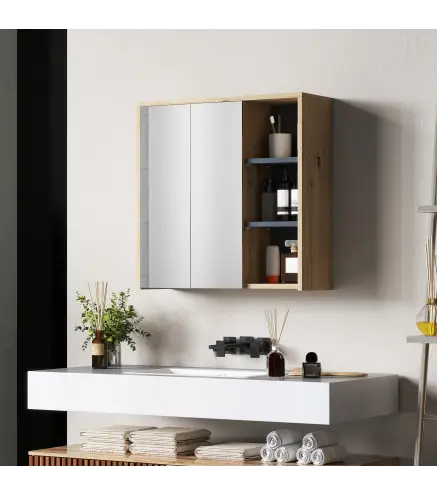 Armario de Baño con Espejo Armario con Espejo para Baño con Estantes Estilo Moderno 60x20x60 cm Madera Natural