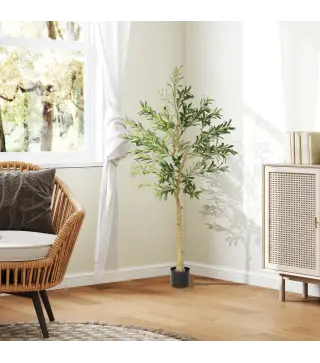 Planta Artificial Decorativa de 150 cm Árbol de Olivo con 720 Hojas y 32 Aceitunas en Maceta para Interior Verde