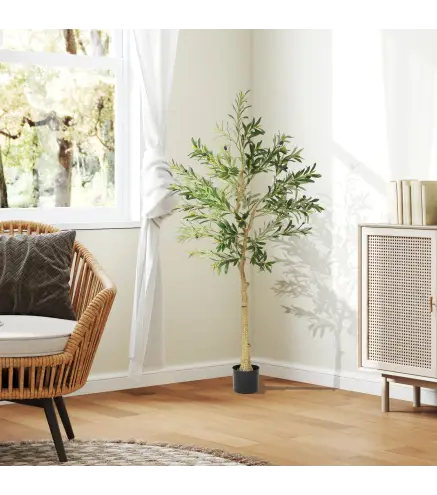 Planta Artificial Decorativa de 150 cm Árbol de Olivo con 720 Hojas y 32 Aceitunas en Maceta para Interior Verde