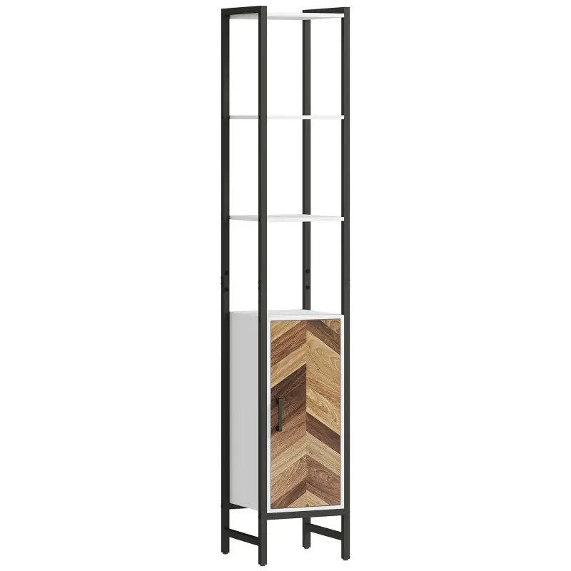 Armario Alto de Baño con 3 Estantes Abiertos 1 Puerta y Estante Ajustable Anti-vuelco 30x30x170 cm Blanco y Nogal