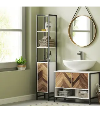 Armario Alto de Baño con 3 Estantes Abiertos 1 Puerta y Estante Ajustable Anti-vuelco 30x30x170 cm Blanco y Nogal