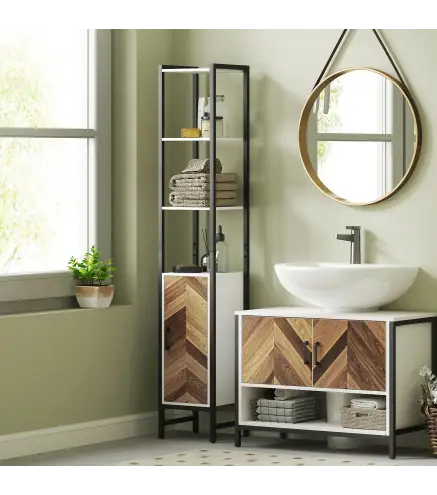 Armario Alto de Baño con 3 Estantes Abiertos 1 Puerta y Estante Ajustable Anti-vuelco 30x30x170 cm Blanco y Nogal