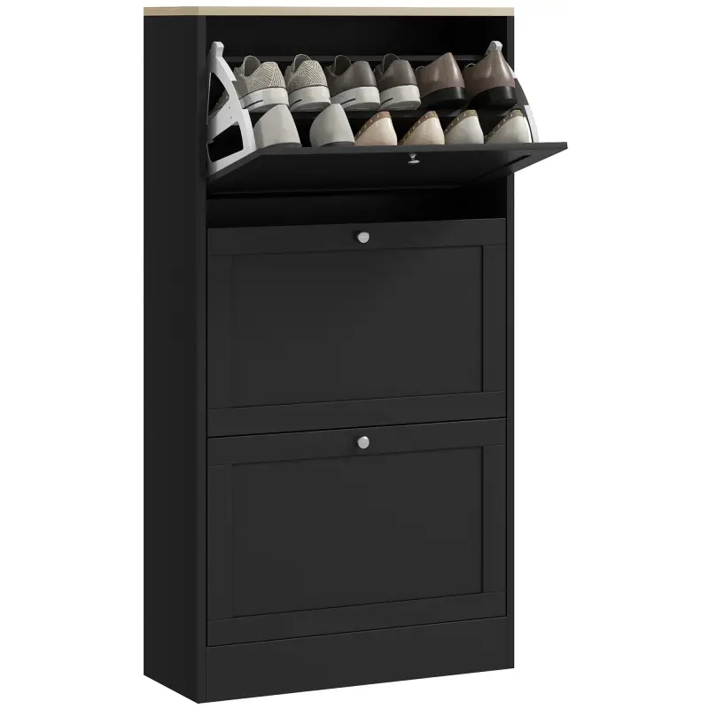 Mueble Zapatero Moderno con 3 Cajones Abatibles y Estantes Ajustables para 18 Pares de Zapatos 60x23,5x115 cm Negro