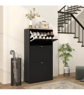 Mueble Zapatero Moderno con 3 Cajones Abatibles y Estantes Ajustables para 18 Pares de Zapatos 60x23,5x115 cm Negro