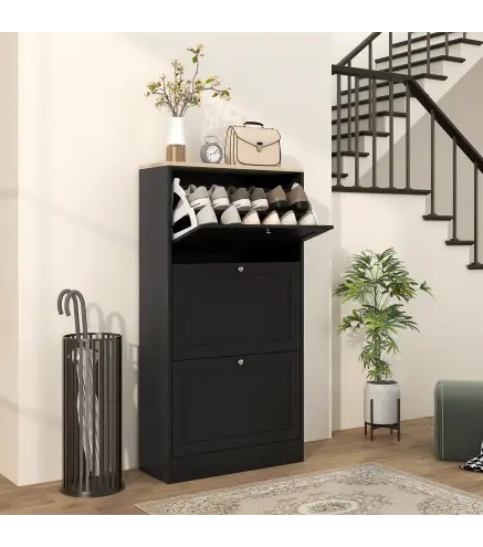 Mueble Zapatero Moderno con 3 Cajones Abatibles y Estantes Ajustables para 18 Pares de Zapatos 60x23,5x115 cm Negro