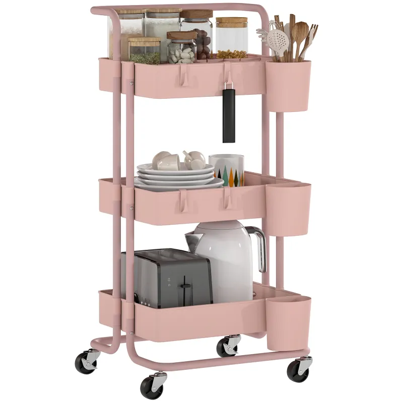 Carrito Auxiliar con Ruedas Carro de Almacenaje Multifuncional con Ganchos y Cajas Colgantes 42x38x86,5 cm Rosa