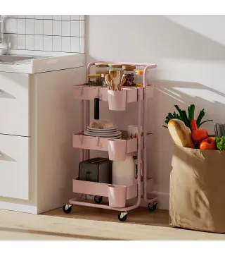 Carrito Auxiliar con Ruedas Carro de Almacenaje Multifuncional con Ganchos y Cajas Colgantes 42x38x86,5 cm Rosa