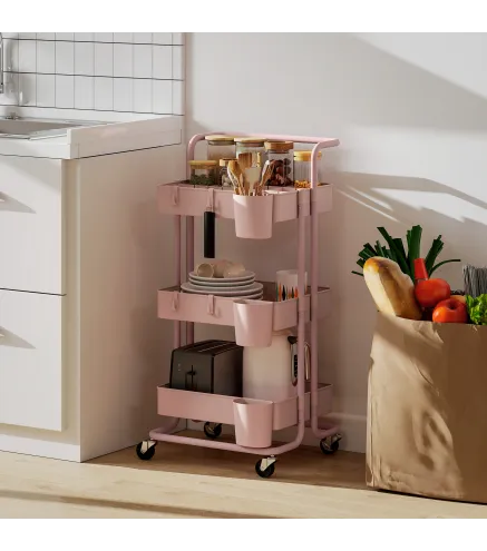 Carrito Auxiliar con Ruedas Carro de Almacenaje Multifuncional con Ganchos y Cajas Colgantes 42x38x86,5 cm Rosa