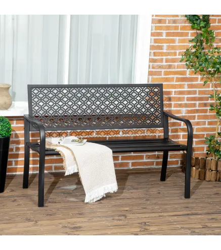 Banco de Jardín de Acero Banco de 2 Plazas con Respaldo Decorativo para Terraza Patio 127x63x83 cm Negro