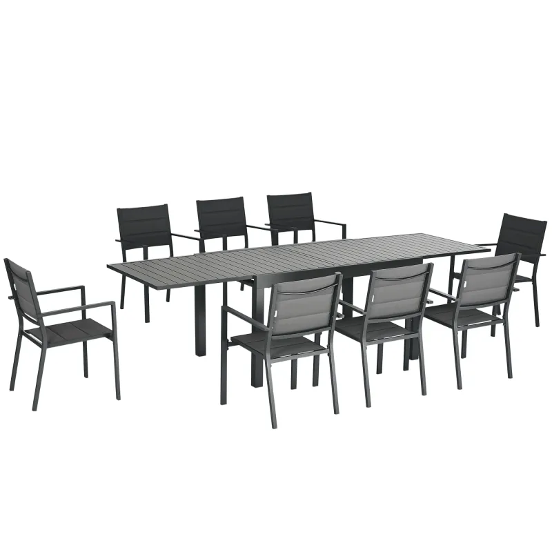 Juegos de Comedor de Jardín con Marco de Aluminio Mesa Extensible y 8 Sillas Apilables para Terraza Patio Gris