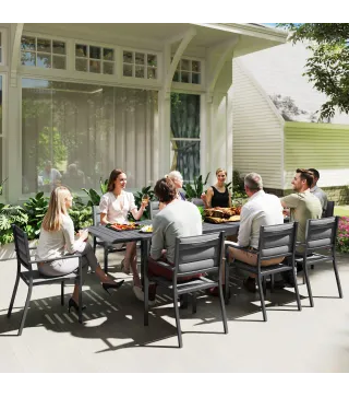 Juegos de Comedor de Jardín con Marco de Aluminio Mesa Extensible y 8 Sillas Apilables para Terraza Patio Gris