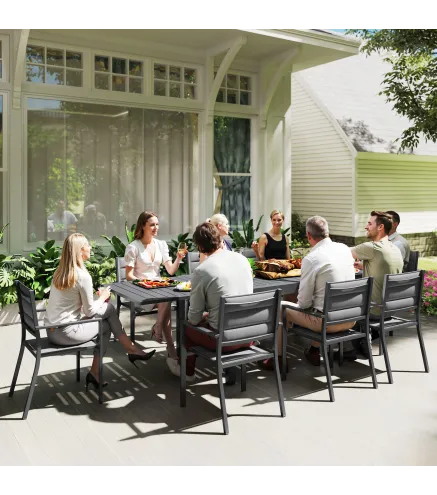 Juegos de Comedor de Jardín con Marco de Aluminio Mesa Extensible y 8 Sillas Apilables para Terraza Patio Gris