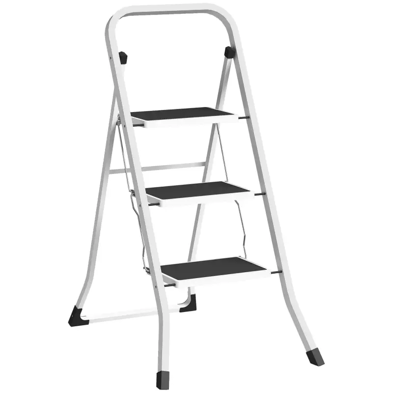 Escalera Plegable de 3 Peldaños 71x46,5x105,3 cm con Superficie Antideslizante Asa de Transporte y Carga Máxima 150 kg Escalera Plegable de 3 Peldaños 71x46,5x105,3 cm con Superficie Antideslizante Asa de Transporte y Carga Máxima 150 kg