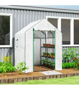 Invernadero de Exterior con 6 Estantes Puerta Enrollable Cubierta de PE y Marco de Acero 140x143x190 cm Blanco