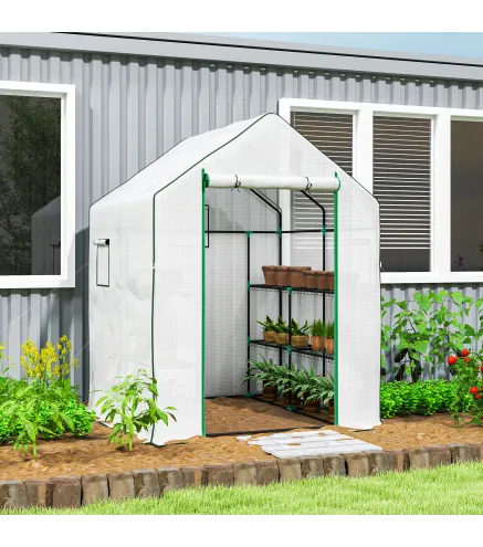 Invernadero de Exterior con 6 Estantes Puerta Enrollable Cubierta de PE y Marco de Acero 140x143x190 cm Blanco