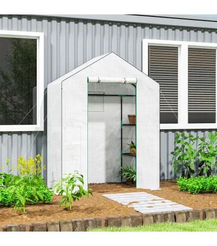 Invernadero de Exterior con 6 Estantes Puerta Enrollable Cubierta de PE y Marco de Acero 143x74x190 cm Blanco