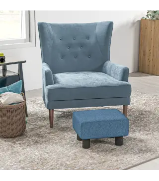 Reposapiés Salón de Tela de Lino Taburete Bajo con Asiento Acolchado Marco de Madera Patas Azul Oscuro