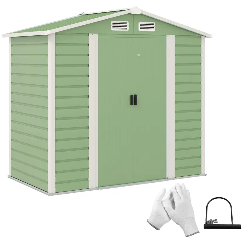Cobertizo Metálico para Jardín 213x120x166/194 cm con Base Refuerzo Puertas Correderas y Ventilaciones Verde Claro
