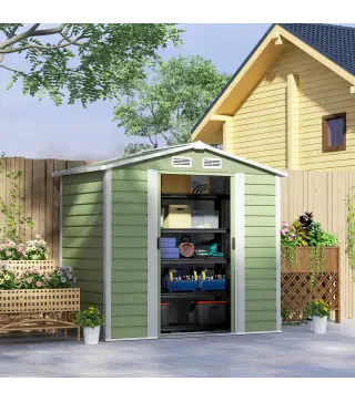 Cobertizo Metálico para Jardín 213x120x166/194 cm con Base Refuerzo Puertas Correderas y Ventilaciones Verde Claro