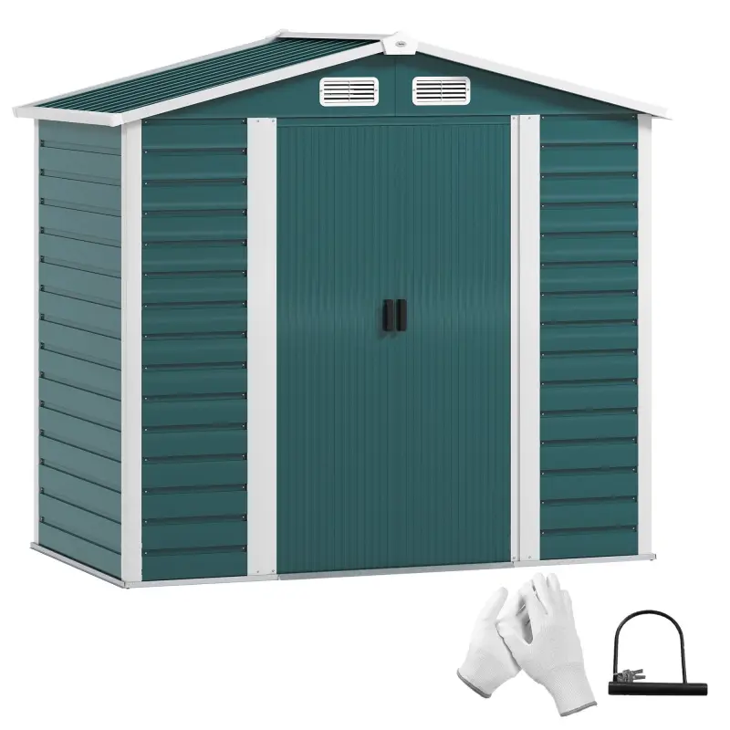 Cobertizo Metálico para Jardín 213x120x166/194 cm con Base Refuerzo Puertas Correderas y Ventilaciones Verde Oscuro Cobertizo Metálico para Jardín 213x120x166/194 cm con Base Refuerzo Puertas Correderas y Ventilaciones Verde Oscuro