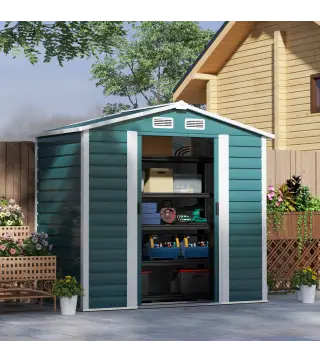 Cobertizo Metálico para Jardín 213x120x166/194 cm con Base Refuerzo Puertas Correderas y Ventilaciones Verde Oscuro