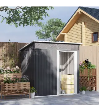 Caseta de Jardín Metálica con Puerta Corredera Ventanas y Ventilación para Almacenaje Exterior 195x122x159/182 cm Gris