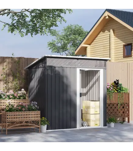 Caseta de Jardín Metálica con Puerta Corredera Ventanas y Ventilación para Almacenaje Exterior 195x122x159/182 cm Gris