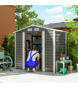 Cobertizo Metálico para Jardín 213x120x166/194 cm con Base Refuerzo Puertas Correderas y Ventilaciones Gris Oscuro