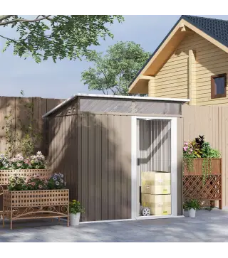 Caseta de Jardín Metálica con Puerta Corredera Ventanas y Ventilación para Almacenaje Exterior 195x122x159/182 cm Marrón