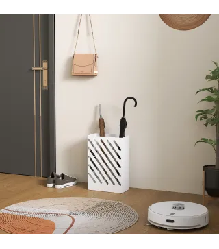 Paragüero de Acero Galvanizado Soporte de Paraguas Estrecho con Bandeja de Goteo Extraíble 4 Ganchos 28x14x41 cm Blanco