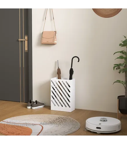 Paragüero de Acero Galvanizado Soporte de Paraguas Estrecho con Bandeja de Goteo Extraíble 4 Ganchos 28x14x41 cm Blanco