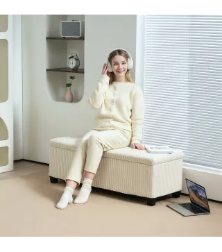 Banco Almacenaje Capacidad de 84 L 112x42x40cm Tapizado en Pana Pie de Cama para Sala de Estar Dormitorio Beige