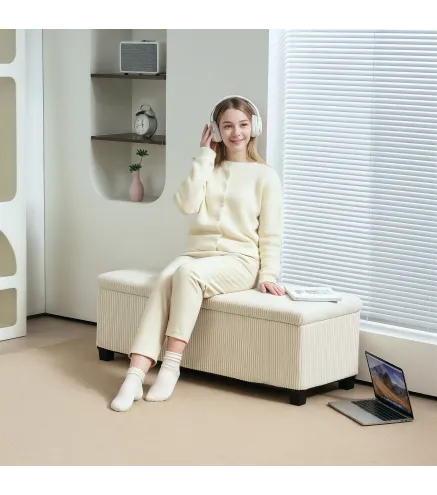 Banco Almacenaje Capacidad de 84 L 112x42x40cm Tapizado en Pana Pie de Cama para Sala de Estar Dormitorio Beige