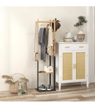 Perchero de Pie de Bambú con 2 Estantes 2 Ganchos 5 Barras con Estructura de Acero para Colgar Ropa Natural y Negro