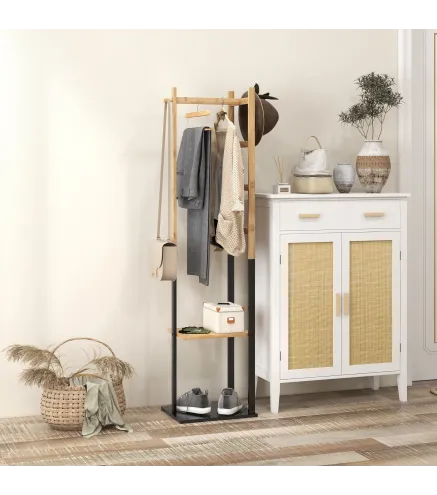 Perchero de Pie de Bambú con 2 Estantes 2 Ganchos 5 Barras con Estructura de Acero para Colgar Ropa Natural y Negro