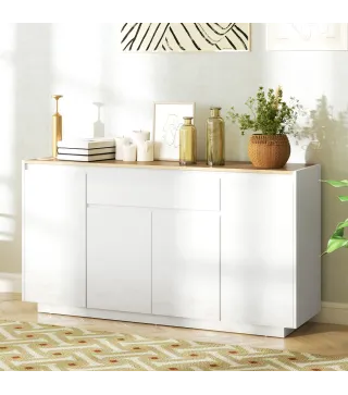 Aparador de Salón con 4 Puertas Cajón y Estantes Ajustables 140x40x75 cm Natural y Blanco Brillo