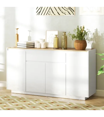 Aparador de Salón con 4 Puertas Cajón y Estantes Ajustables 140x40x75 cm Natural y Blanco Brillo