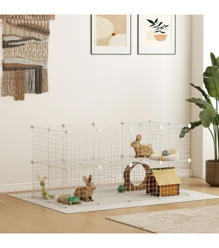 Jaula para Animales Pequeños Valla Metálica Modular para Mascotas con Puerta Rampa y Paneles de ABS 146x73x73 cm Blanco