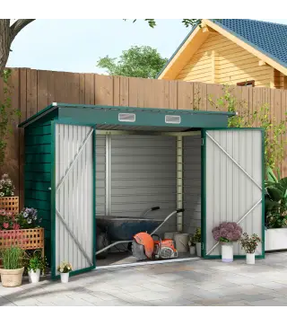 Caseta de Jardín Exterior 2,7m² 249x121x183 cm con Doble Puerta 2 Ventilaciones y Pestillo Verde