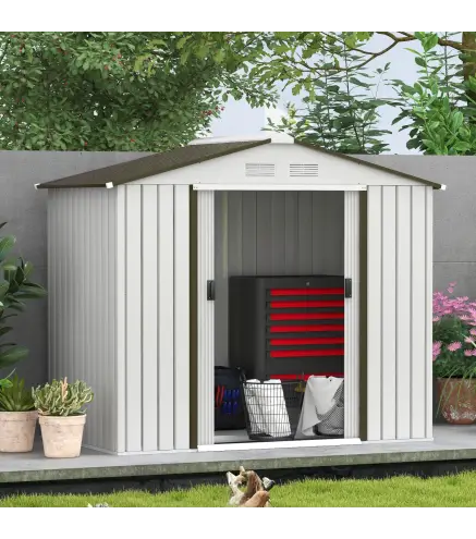 Caseta de Jardín 213x130x185 cm Cobertizo Metálico de Exterior para Almacenamiento de Herramientas Blanco