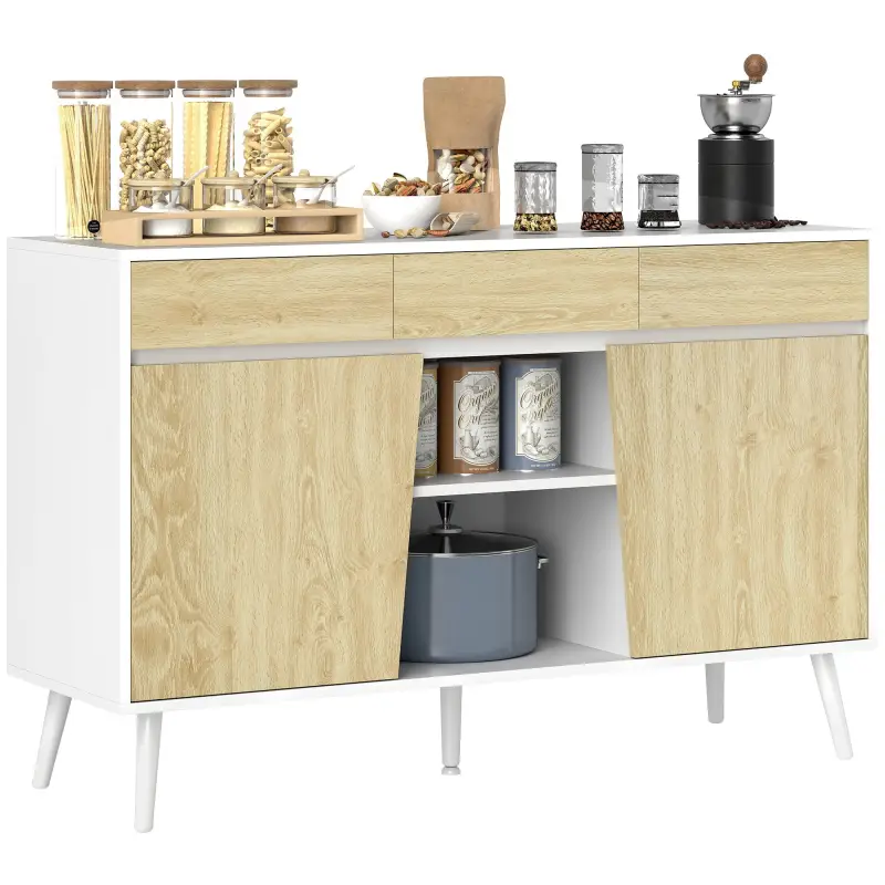 Aparador Moderno con Cajones Estantes Abiertos y Almacenaje Ajustable Para Sala o Comedor 120x39x77 cm Blanco y Natural