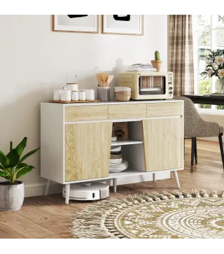 Aparador Moderno con Cajones Estantes Abiertos y Almacenaje Ajustable Para Sala o Comedor 120x39x77 cm Blanco y Natural