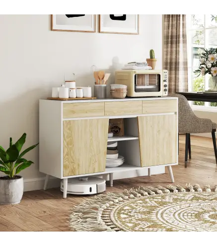 Aparador Moderno con Cajones Estantes Abiertos y Almacenaje Ajustable Para Sala o Comedor 120x39x77 cm Blanco y Natural