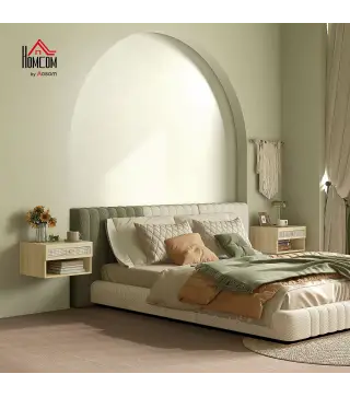 Juego de 2 Mesitas de Noche Colgantes con Compartimento Abierto y Cajón con Frontal de Ratán 40x34x23 cm Natural