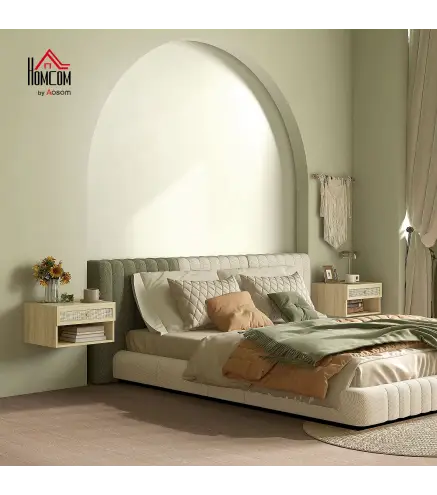 Juego de 2 Mesitas de Noche Colgantes con Compartimento Abierto y Cajón con Frontal de Ratán 40x34x23 cm Natural