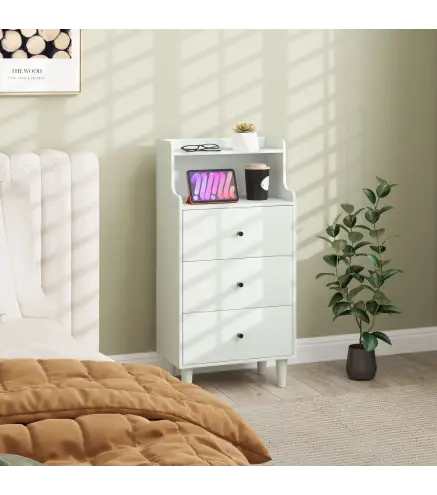 Cómoda con 3 Cajones y 2 Estantes Abiertos Diseño Moderno y Antivuelco para Dormitorio o Salón 47x29x95cm Blanco Veteado