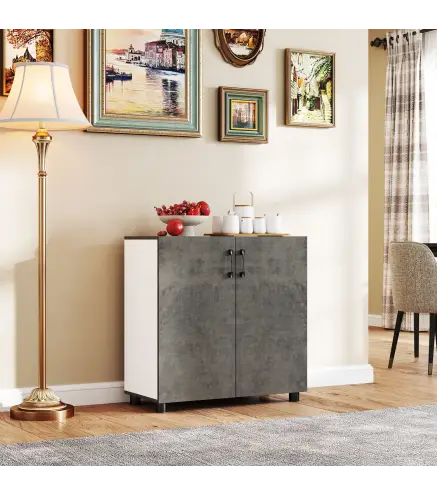 Aparador de Salón Pequeño y Moderno con Estante y Puertas de Cierre Suave 80x37x80 cm Gris Cemento y Blanco Brillo