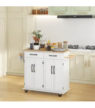 Isla de Cocina con Encimera de Madera de Caucho con Cajones Armarios y Ruedas con Freno 111x44,5x90,5 cm Blanco y Roble